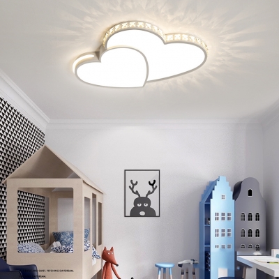 White Double Heart Ceiling Mount Light with Clear Crystal Kids 4 Modes Optional Flush Light for Bedroom