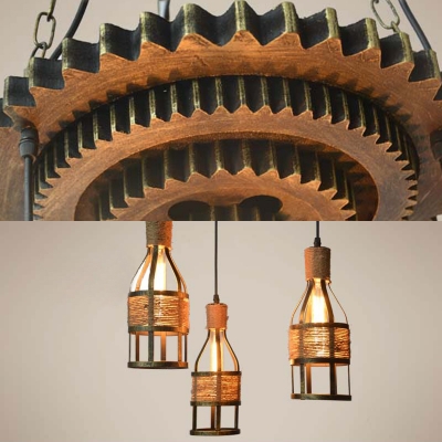 Wine Bottle Cafe Hanging Light with Gear Metal 3 Lights Vintage Style Ceiling Pendant in Brass