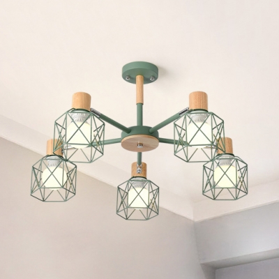 Wire Frame Study Room Chandelier Wood 5/6/8 Lights Industrial Candy Colored Hanging Light