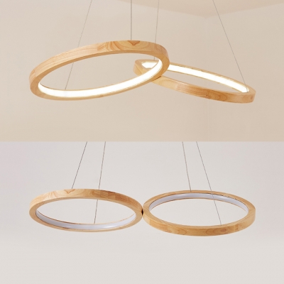 Wood Two-Ring Hanging Light Dining Table Modern Stylish Beige Chandelier in Neutral