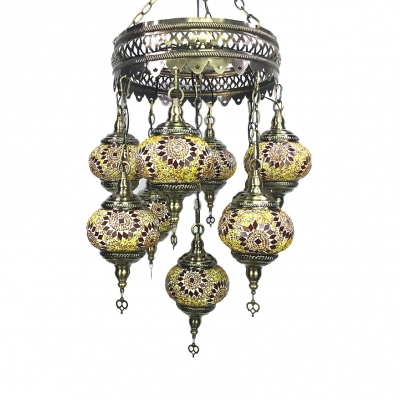 Wrought Iron Round Chandelier Villa 9 Lights Turkish Mosaic Pendant Lamp in Coffee/Gold/Off-White