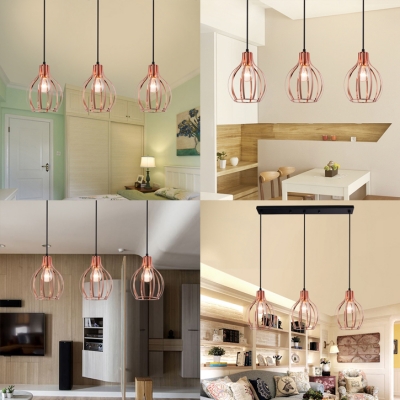 3 Lights Cage Pendant Light with Linear/Round Canopy Industrial Metal Island Lamp in Rose Gold for Restaurant