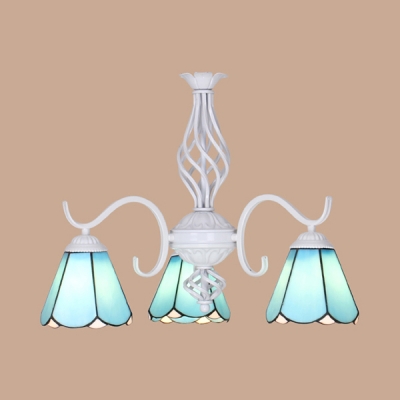3 Lights Cone Chandelier Mediterranean Style Glass Pendant Lighting in Blue/White for Bedroom