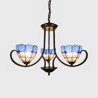 3 Lights Dome Hanging Light Mediterranean Style Stained Glass Chandelier in Blue for Foyer Stair