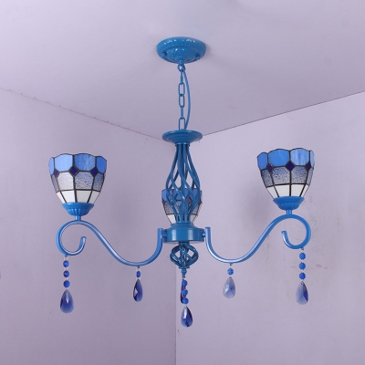 3 Lights Dome Pendant Light Mediterranean Style Metal Chandelier with Crystal in Blue for Bedroom