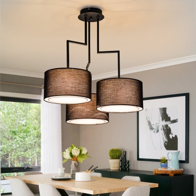 3 Lights Drum Shade Chandelier Simple Style Fabric Suspension Light in Black/Coffee/White for Bedroom