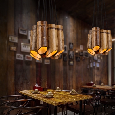 Rustic Style Tube Pendant Light 8 Heads Bamboo Suspension Light in Beige for Restaurant