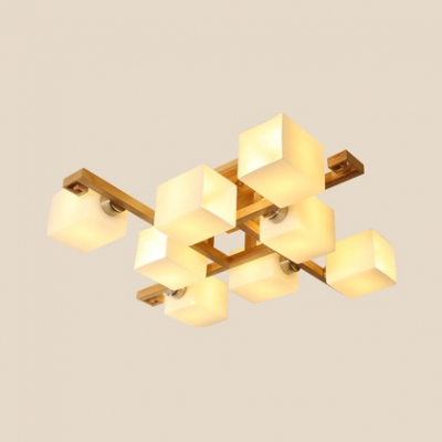Wood Checkerboard LED Semi Ceiling Mount Light Villa 8/9 Heads Asian Style Ceiling Fixture in Beige