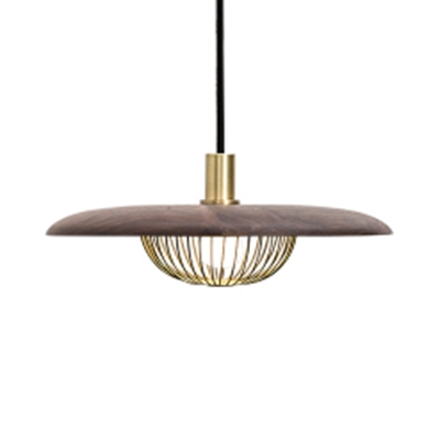Rustic Style Saucer Pendant Light Wood 1 Light Black/Gold/White Hanging Light with Domed Cage for Foyer