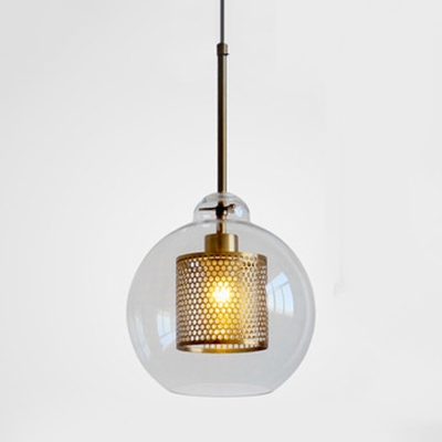 Brass/Chrome Mesh Screen Hanging Light with Globe Shade Modern Stylish Iron Pendant Lamp for Bar