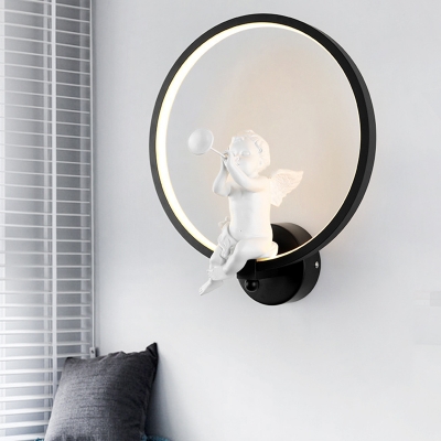 Acrylic Round Wall Light European Style Angel Decoration Sconce Light in White/Warm/Third Gear for Bedroom