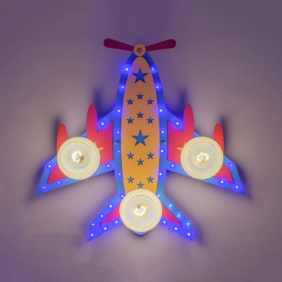 Airplane Child Bedroom Ceiling Mount Light Wood Glass 3/4 Lights American Style Flush Light in Blue