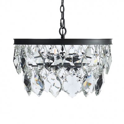 American Rustic Drum Chandelier Clear Crystal 3 Lights Black Hanging Lamp for Restaurant Shop