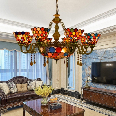 Antique Style Colorful Chandelier Dome Shade 9 Lights Glass Pendant Lamp with Crystal for Hotel