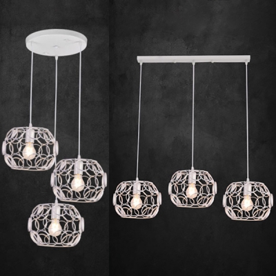 Antique White Pendant Lamp with Linear/Round Canopy 3 Lights Metal Ceiling Light for Restaurant