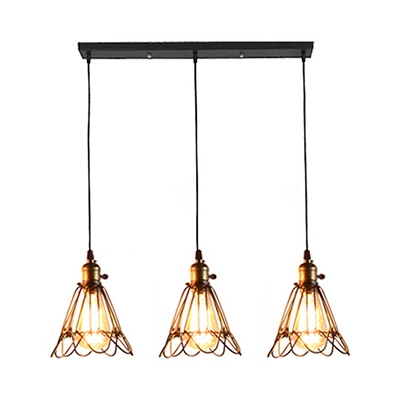 Antique Wire Frame Pendant Light 3 Lights Metal Linear/Round Canopy Suspension Light in Black for Restaurant