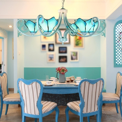 Art Glass Flower Chandelier 5/6/8 Lights Tiffany Style Suspension Light in Blue for Dining Room
