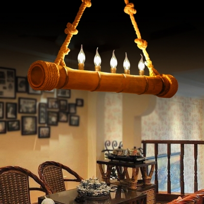 Bamboo Cylinder Pendant Light with Candle & Rope 5 Lights Rustic Hanging Light in Beige for Shop