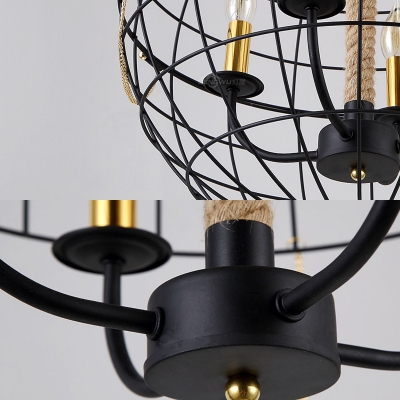 Black Candle Pendant Light with Globe Shade 3/4/6 Heads Retro Loft Metal Chandelier for Dining Table