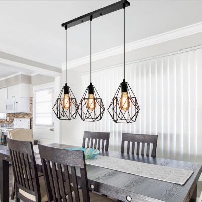 Black Wire Frame Pendant Light with Linear/Round Canopy Antique Metal Hanging Light for Shop