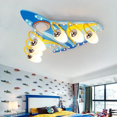 Blue Cartoon Plane Semi Flush Light 6 Lights Creative Wood Bluetooth Ceiling Fixture for Kindergarten
