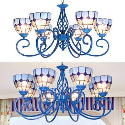 Blue Dome Shade Chandelier 6/8 Lights Mediterranean Style Glass Pendant Light for Dining Room