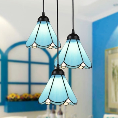 Cafe Conical Shade Pendant Light Glass 3 Lights Tiffany Blue Ceiling Pendant with Linear/Round Canopy