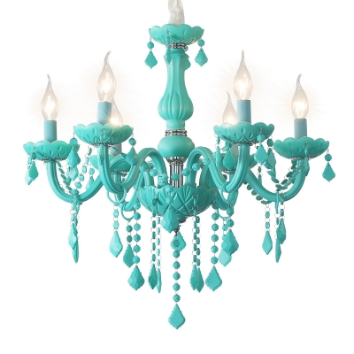 Candle Girl Bedroom Pendant Light Glass 6 Lights Macaron Chandelier in Blue/Green/Pink