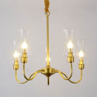 Candle Shape Stair Hallway Chandelier Metal 3/5 Lights Colonial Style Pendant Light in Brass