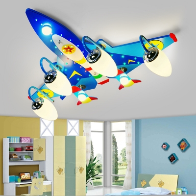 Cartoon Airplane LED Flush Ceiling Light Glass Wood Ceiling Lamp in Blue for Boys Bedroom