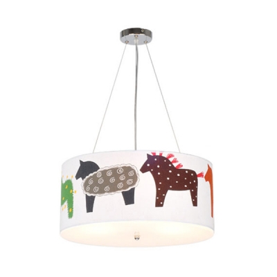 Contemporary Drum Pendant Lamp with Pony 5 Lights Fabric Suspension Light in White for Kid Bedroom
