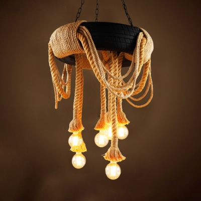 Creative Beige Hanging Light Orb Bulb 6 Lights Rope Chandelier with Wagon Wheel for Cafe