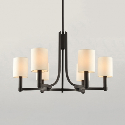 Cylinder Shade Dining Room Chandelier Metal 6 Lights American Rustic Pendant Lamp in Black