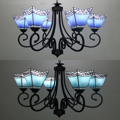 Dining Room Craftsman Pendant Lamp Stained Glass 6 Lights Mediterranean Style Dark Blue/Sky Blue Chandelier