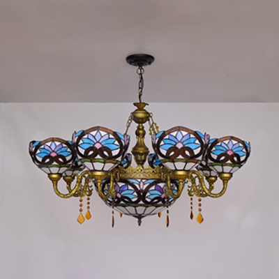 Dome Living Room Chandelier Stained Glass 9 Lights Tiffany Style Victorian Suspension Light with Crystal