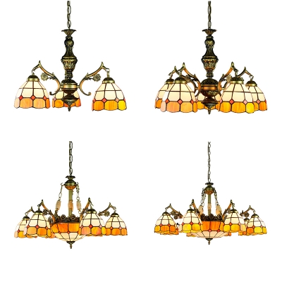 Dome Shade Foyer Hanging Light Glass Metal 3/5/9/11 Lights Tiffany Style Chandelier in Yellow