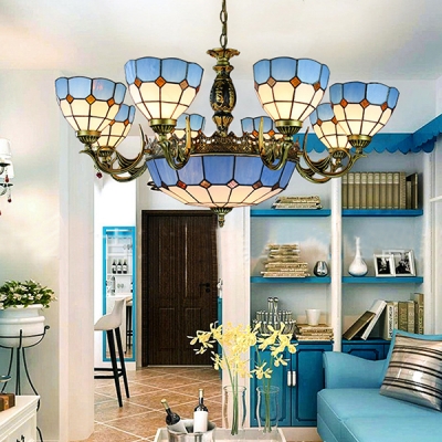 Dome Shade Hotel Hanging Light Glass 11 Lights Tiffany Style Nautical Chandelier in Blue