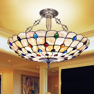 Dome Shade Pendant Lamp with Colorful Beads Vintage Style Glass Chandelier in Beige for Dining Room