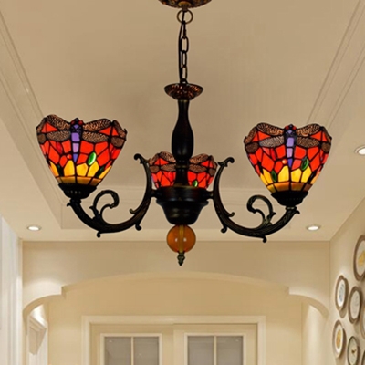 Dragonfly Pattern Ceiling Light 3 Lights Tiffany Style Rustic 3 Lights Chandelier in Red for Foyer