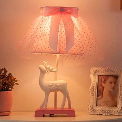 Fabric Dress Deer Study Light 1 Light Cute Dimmable LED Desk Lamp in Pink for Girl Bedroom