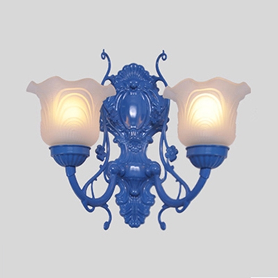 Frosted Glass Flower Wall Lamp Girl Bedroom 1/2 Lights Traditional Sconce Light in Blue/Pink