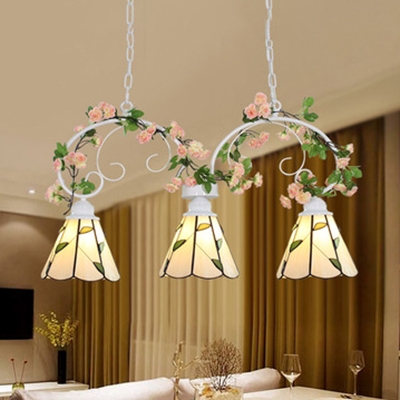 Glass Cone Shade Pendant Lamp Restaurant Hotel 3 Lights Rustic Style Chandelier with/without Flower