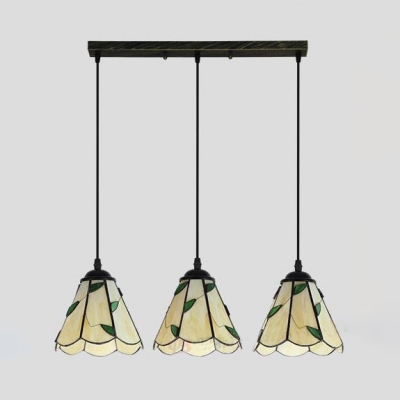 Glass Conical Shade Pendant Lamp with Green Leaf 3 Lights Tiffany Rustic Island Light in Beige
