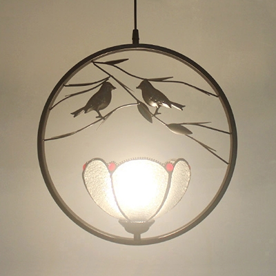 Glass Dome Pendant Light Study Room 1 Light Rustic Style Hanging Light with Bird in Black
