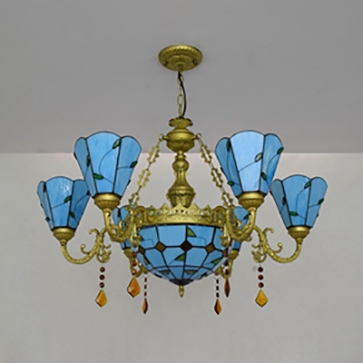 Glass Dome Pendant Light with Crystal 7 Lights Tiffany Style Chandelier in Blue/Yellow for Restaurant