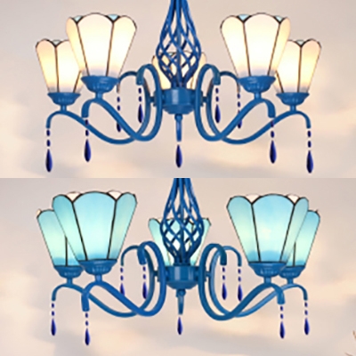 Glass Metal Conical Chandelier Bedroom Hotel 5 Lights Tiffany Style Pendant Light in Blue/White