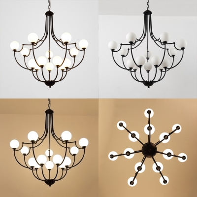 Globe Shade Villa Hotel Chandelier Frosted Glass Metal 14 Lights Traditional Hanging Light in Black