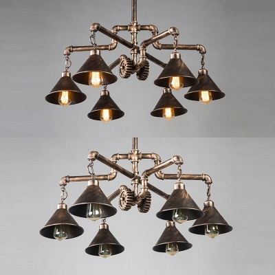 Industrial Cone Shade Chandelier with Pipe & Gear 6 Lights Metal Pendant Light in Brass for Cafe