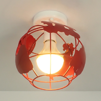 Modern Globe Cage Flush Ceiling Light 1 Light Metal Ceiling Lamp in Blue/Green/Red/Yellow for Bedroom