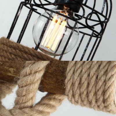 Industrial Birdcage Island Light 3 Lights Rope Wood Ceiling Pendant in Beige for Cafe Bar